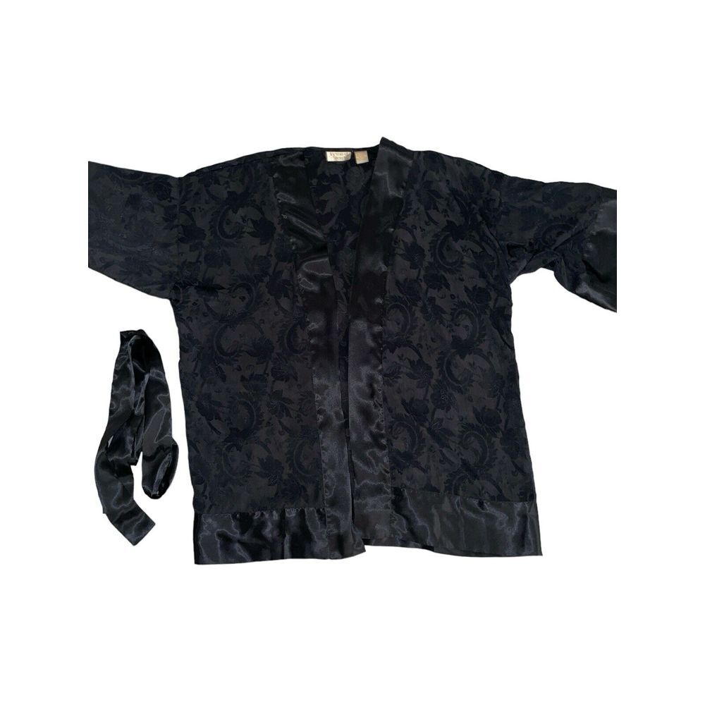 Victoria's‎ Secret Solid Black Satin Short Robe One Size Silky Belted Kimono